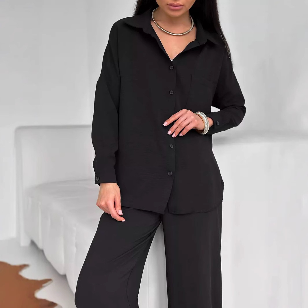 Women's Solid Color Cardigan and Wide-Leg Pants Set with Pockets
