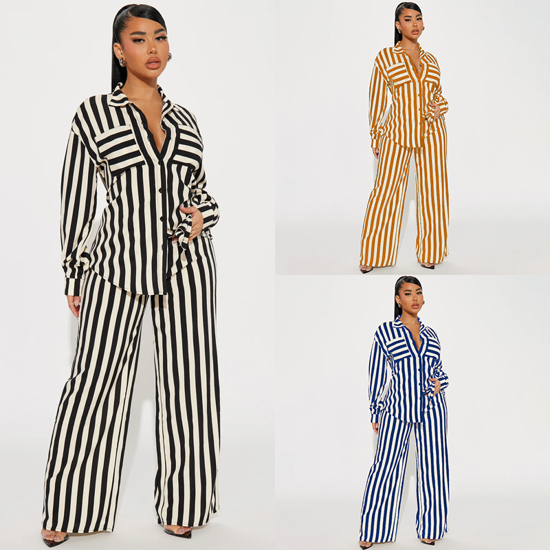 Women's Striped Button Shirt and Pants Set Casual Two-Piece Outfit