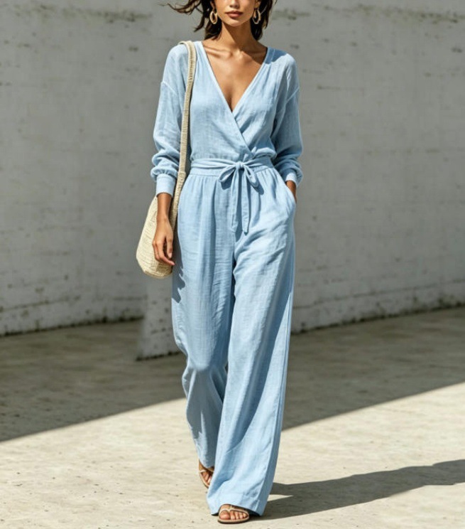 Women's V-Neck Tie-Front Shirt & Pants Set Summer Commuter Casual