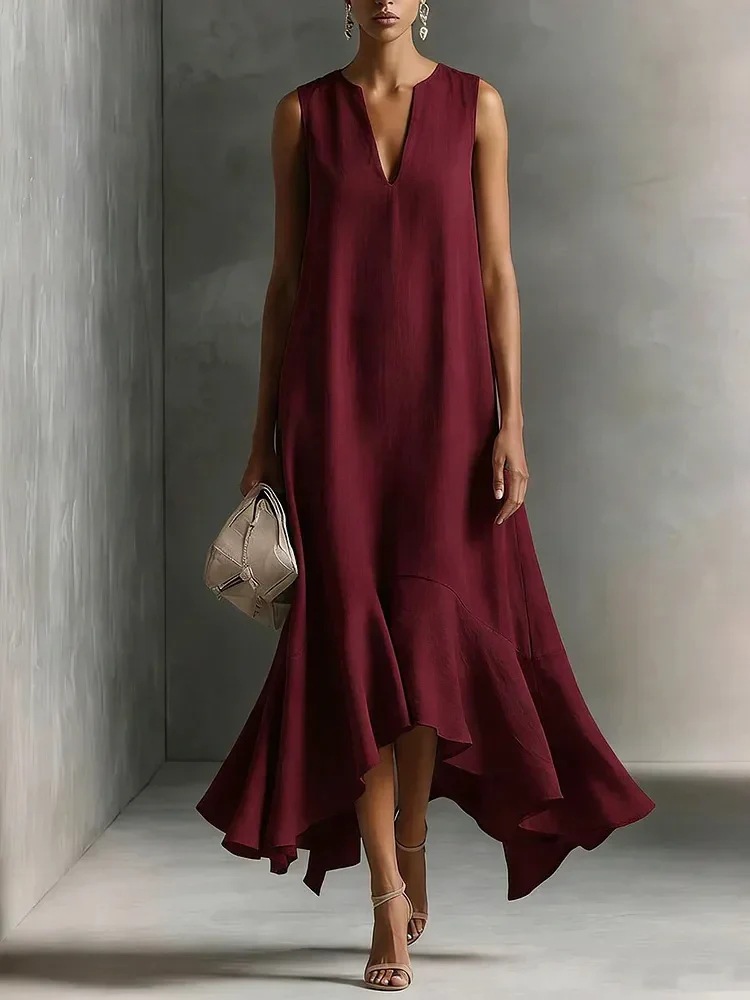V-Neck Sleeveless Solid Color Asymmetrical Hem Long Dress