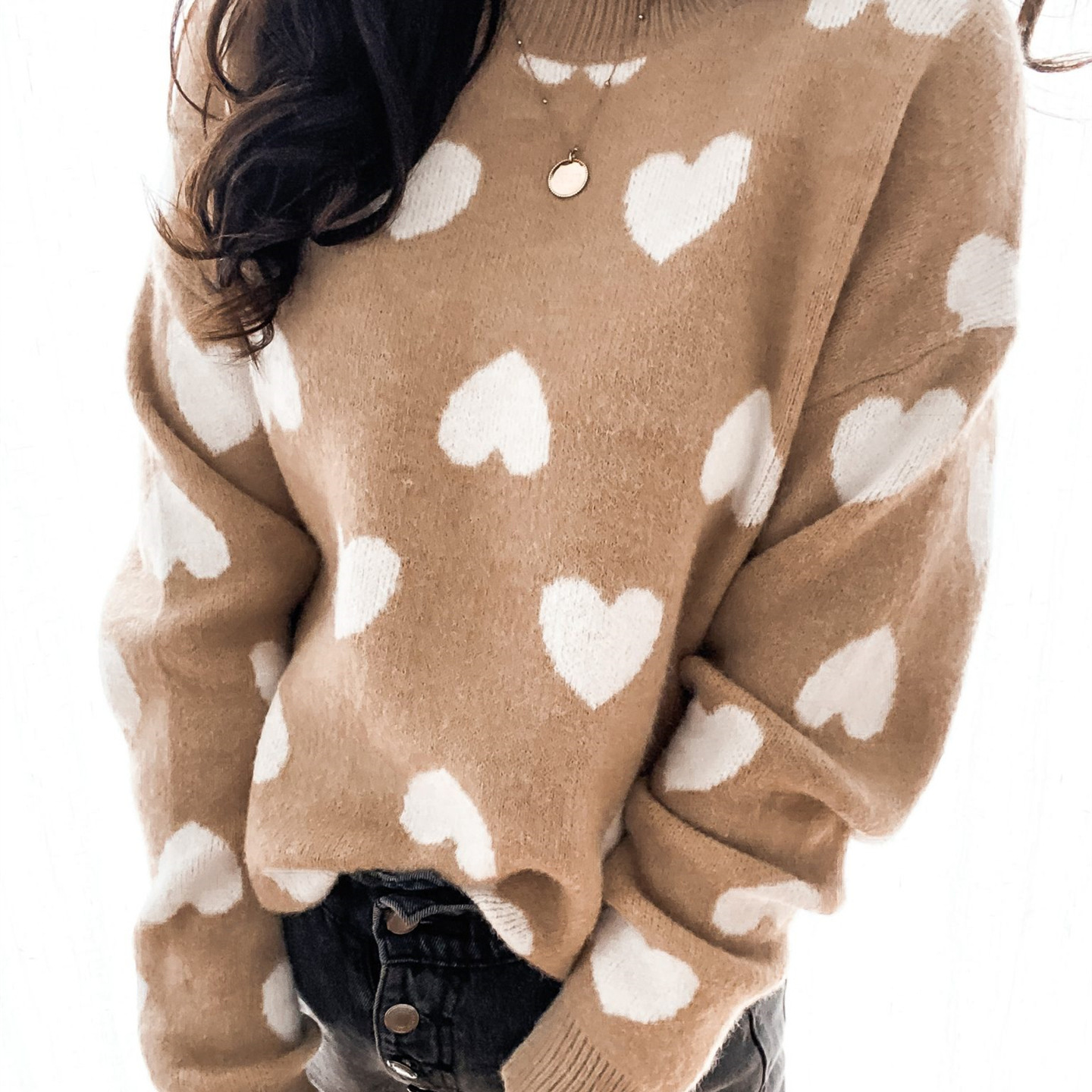 Women's Heart Print Pullover Knit Sweater Crew Neck Long Sleeve