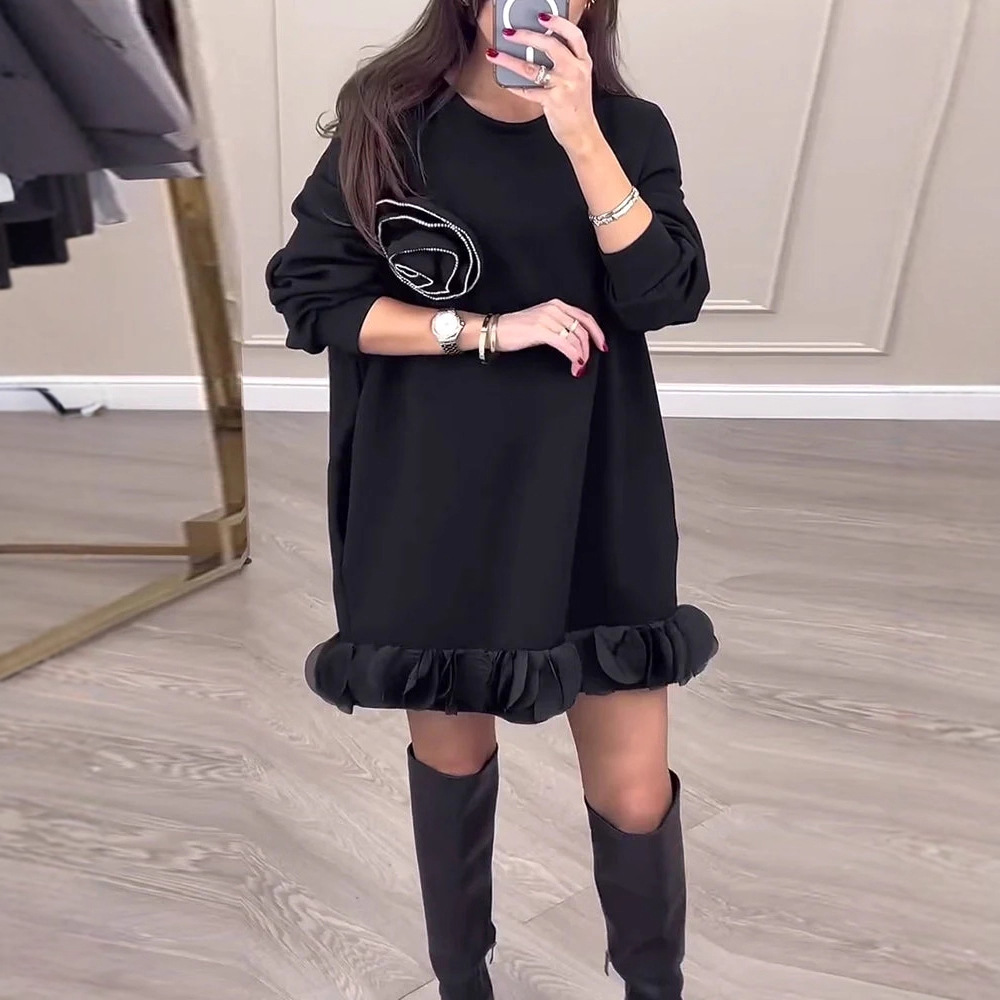 Women's Floral Beaded Ruffle Sweatshirt Dress Loose Fit