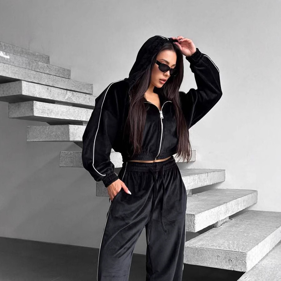 Velvet Hooded Cardigan & Wide-Leg Pants Two-Piece Set with Stripes