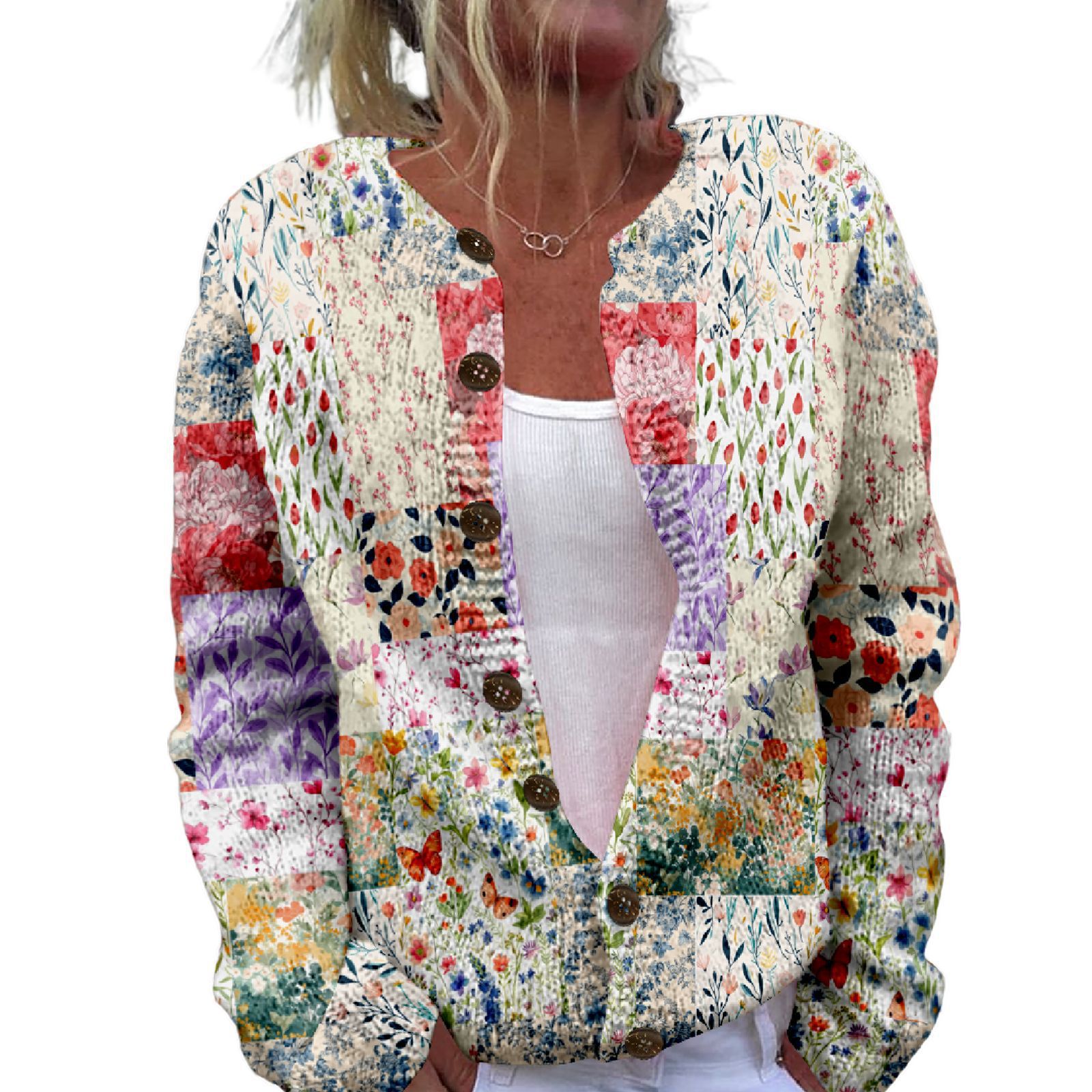 Women's Floral Leopard Snowflake Leaf Print Button Cardigan Sweater