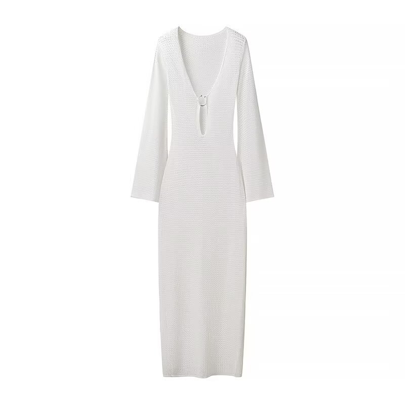 V-Neck Bell Sleeve Pleated Long Dress