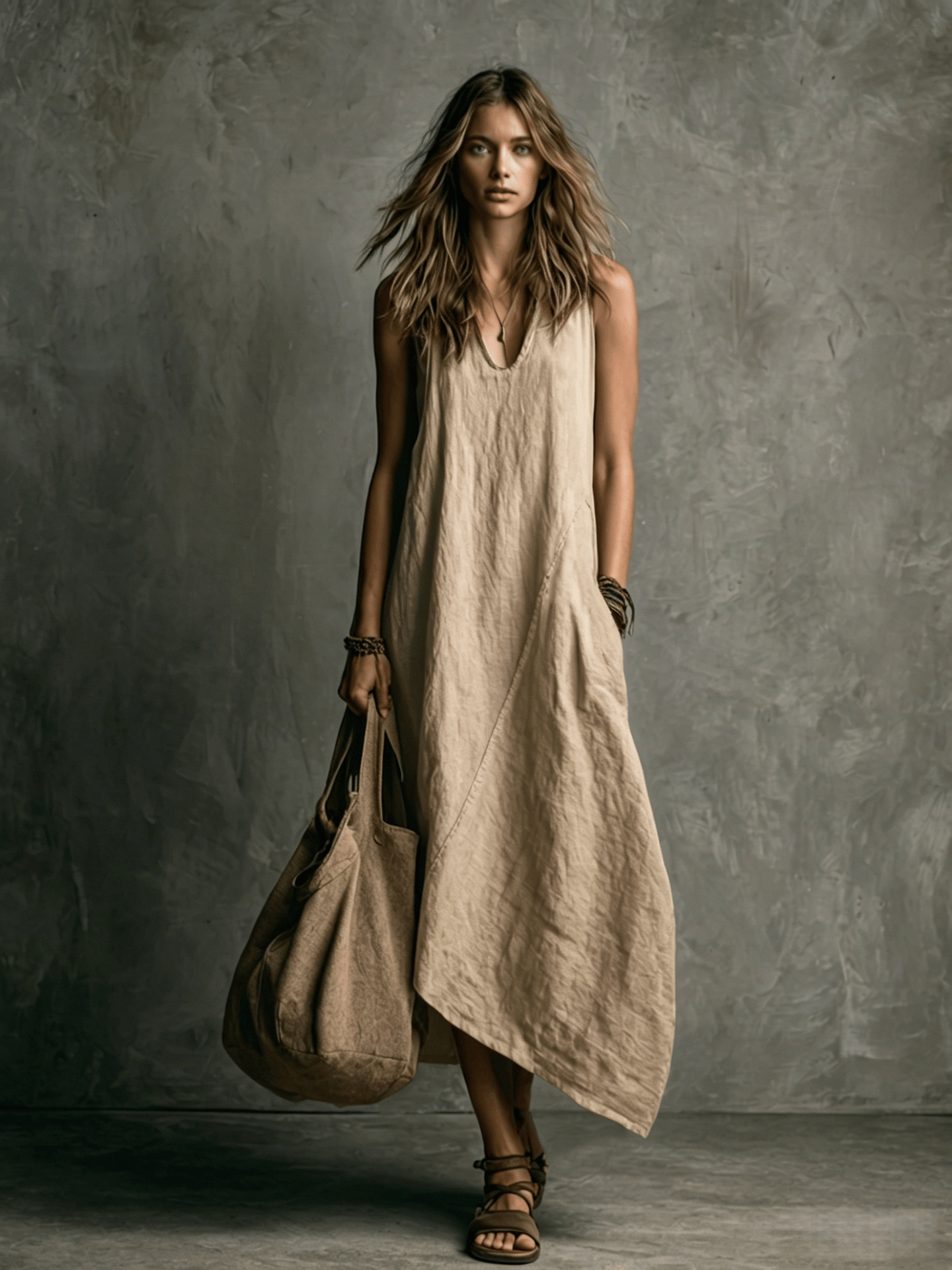 Sleeveless Colorblock Midi Dress with Pockets Linen Blend Vacation Casual