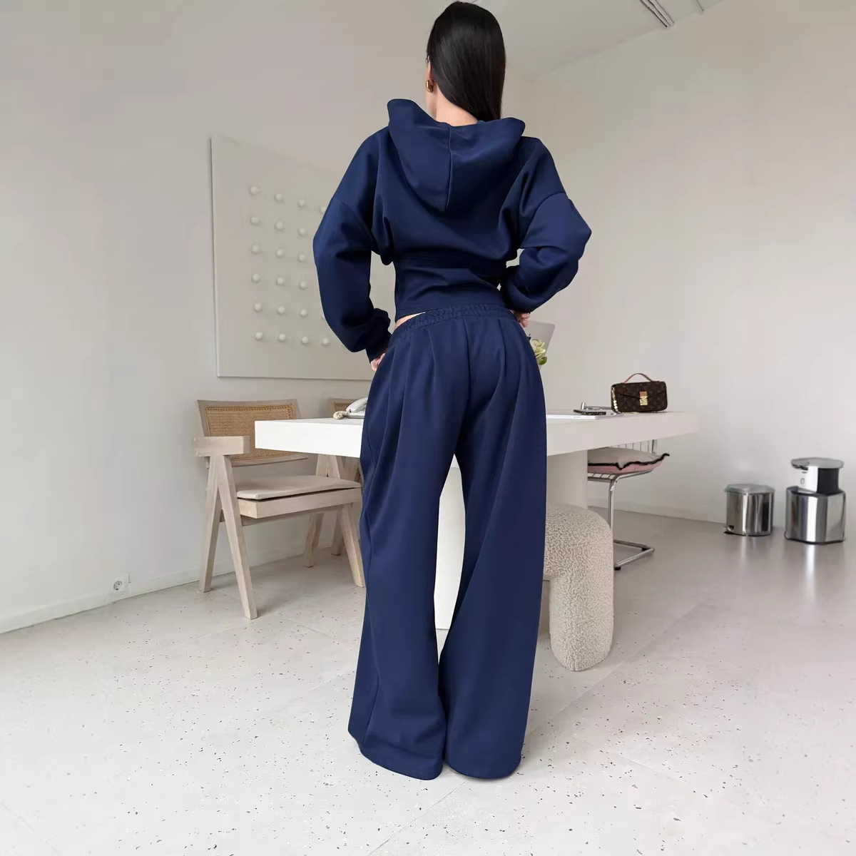Women's Solid Zip-Up Hoodie and Wide-Leg Pants Two-Piece Set