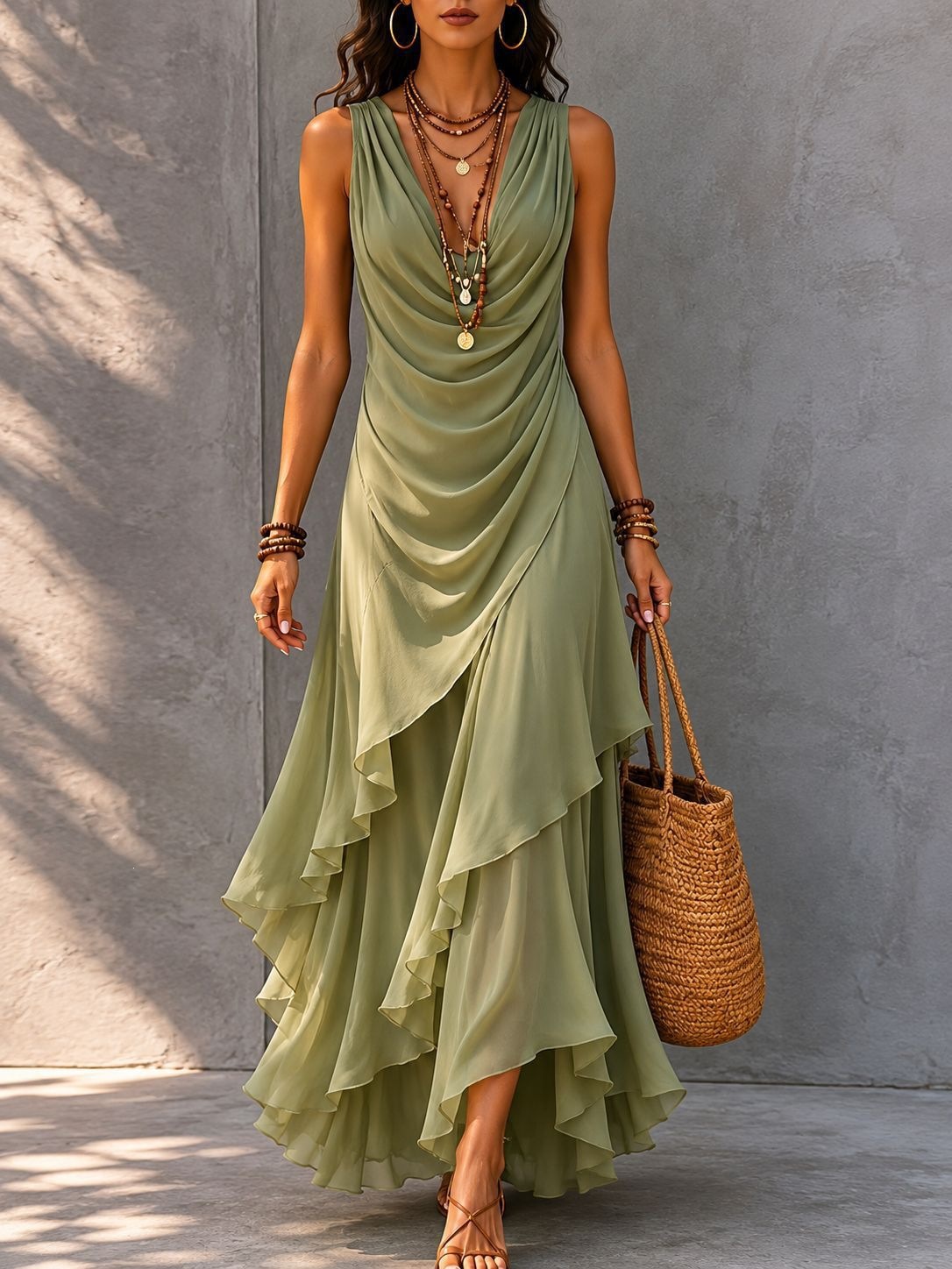Sleeveless V-Neck Chiffon Dress with Ruffle Asymmetrical Hem