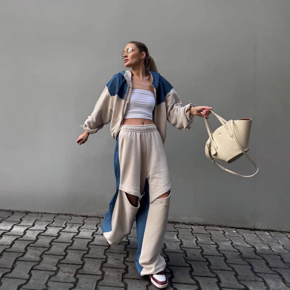 High Street Colorblock Hooded Cardigan & Distressed Button Pants Two-Piece Set