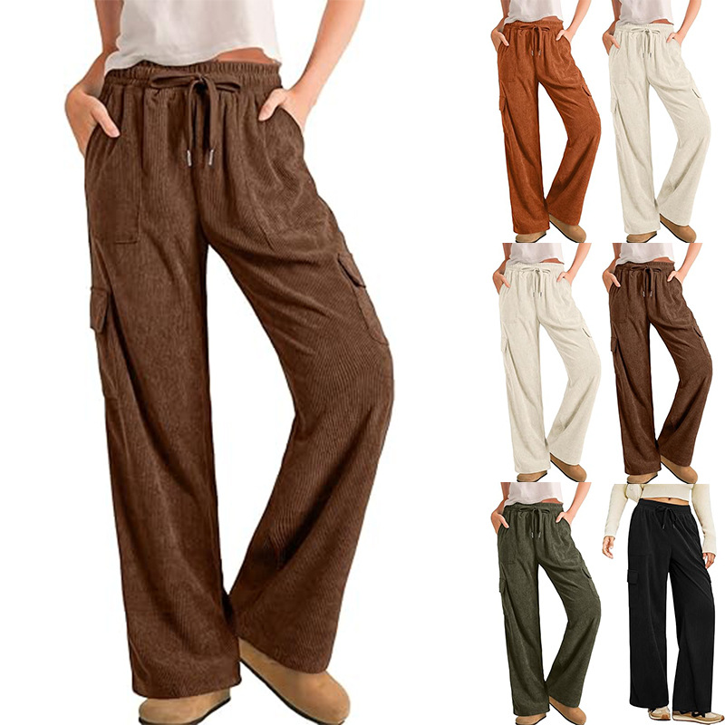 Corduroy Cargo Pants for Women Elastic Waist Wide Leg Loose Straight Casual