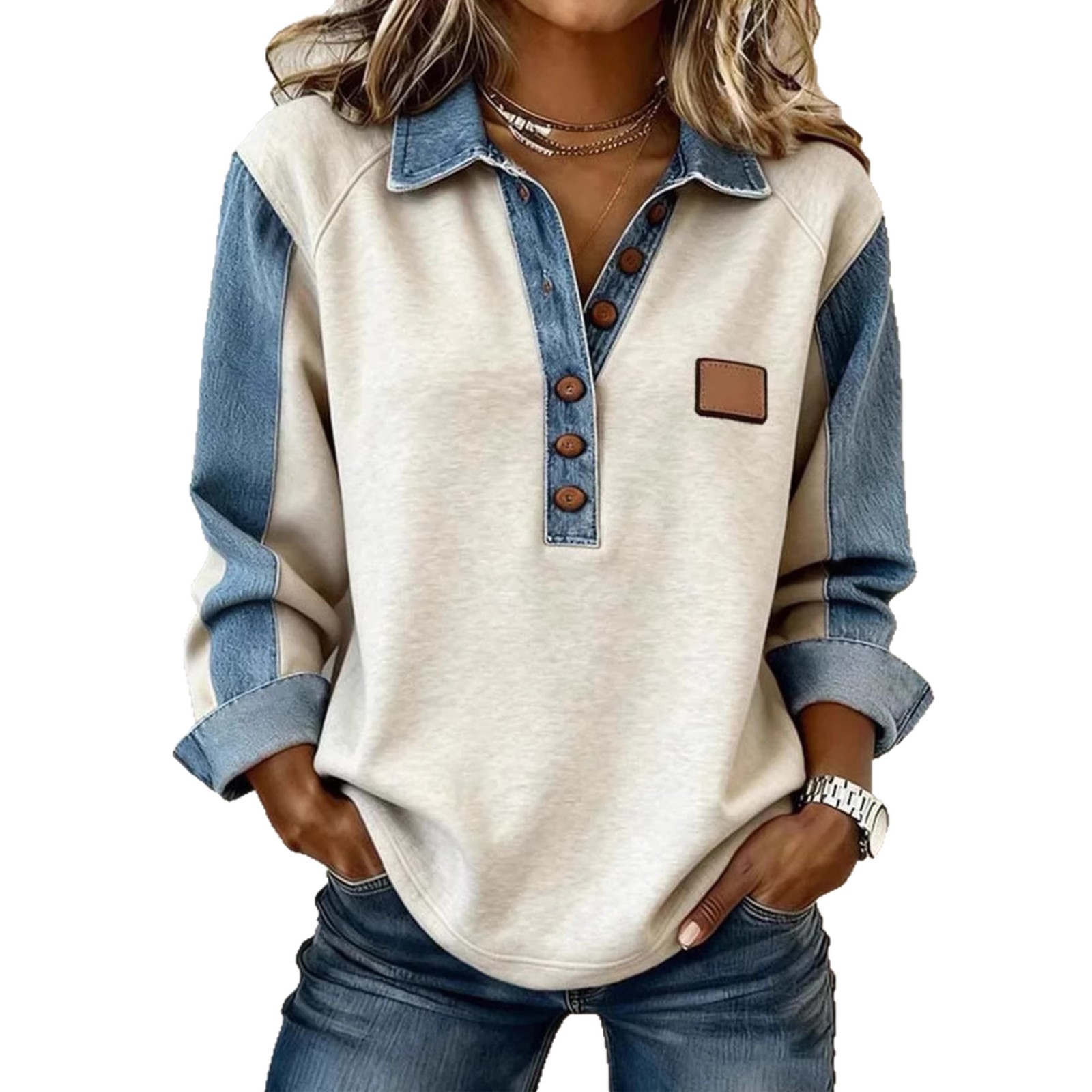 Color-Block Denim-Collar Sweatshirt Women's Loose Long-Sleeve Pullover