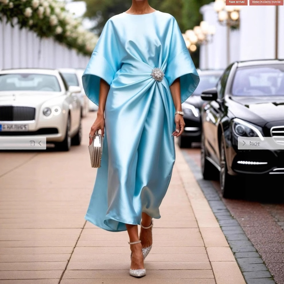 Solid Satin Knot Midi Dress Long High Waist Round Neck