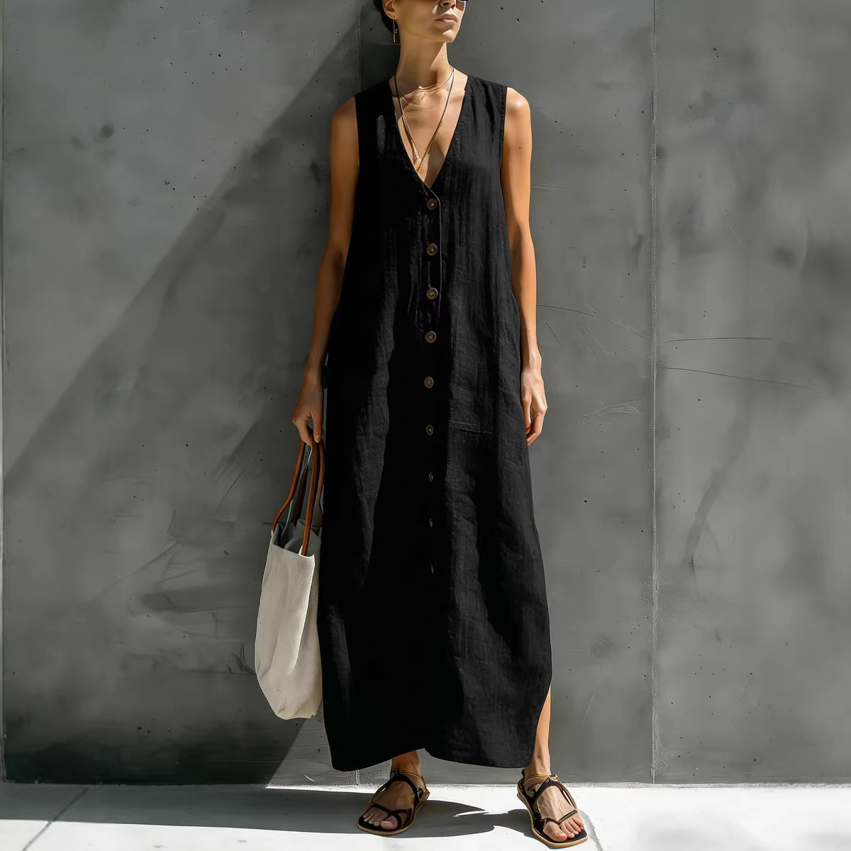 Solid V-Neck Button Sleeveless Cotton-Linen Maxi Dress