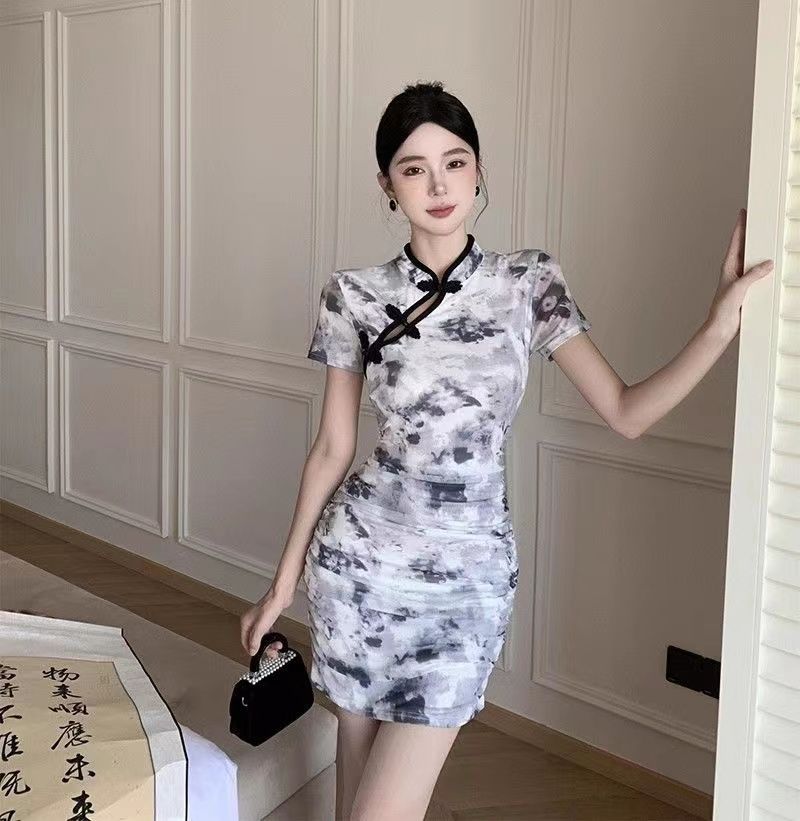 Floral Print High-Waist A-Line Cheongsam Dress