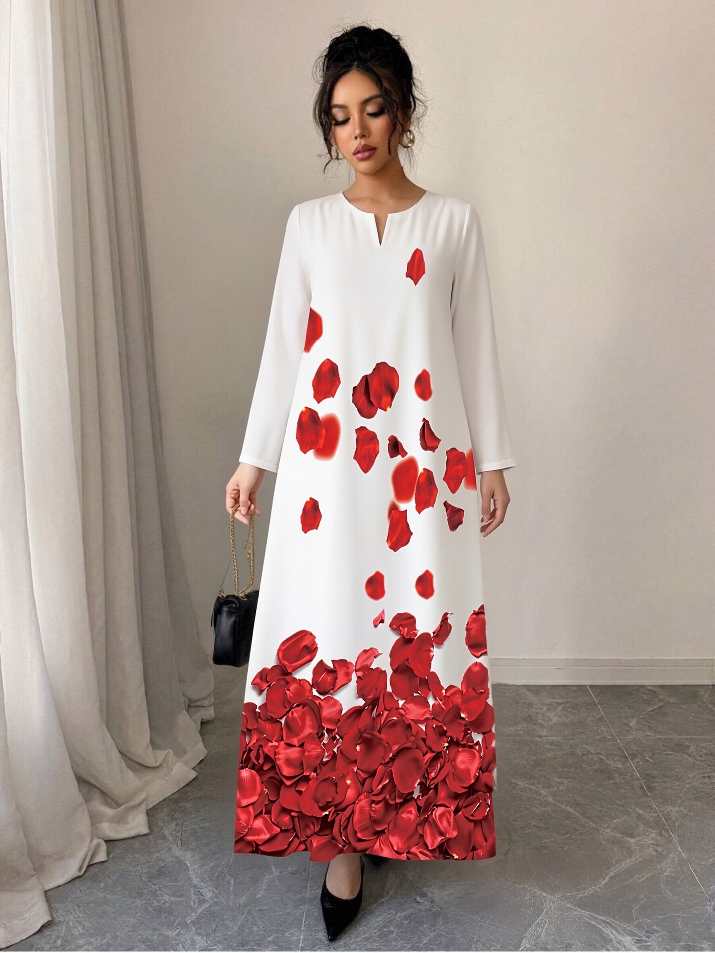 High-Saturation Colorblock Print Long Dress Loose Flattering A-Line V-Neck