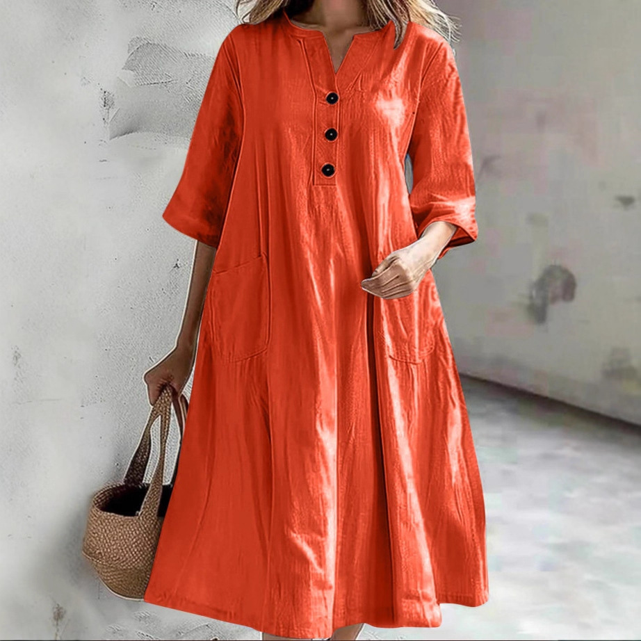 Women's Midi V-Neck Half-Sleeve Cotton-Linen Loose Dress with Three Buttons and Pockets