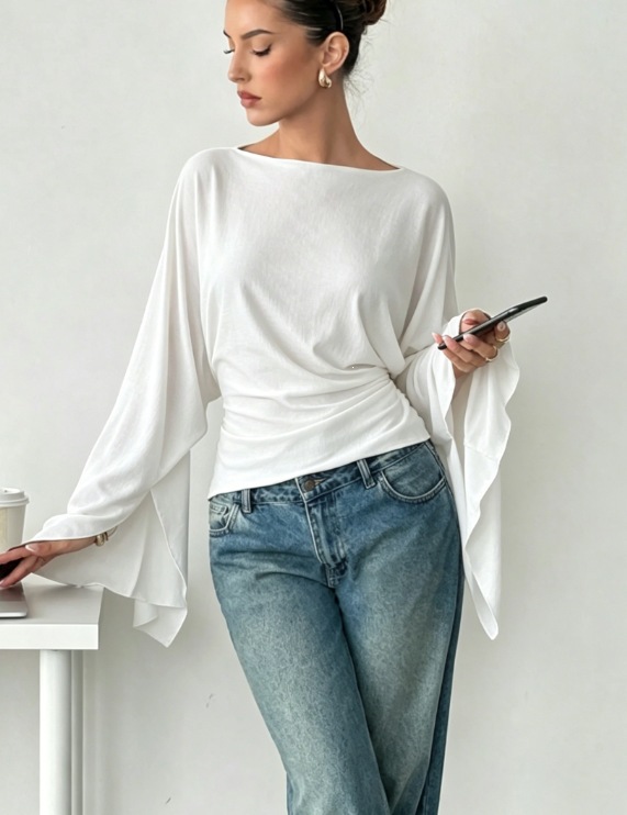 Solid Color Waist-Cinched Flare-Sleeve Long-Sleeve Top