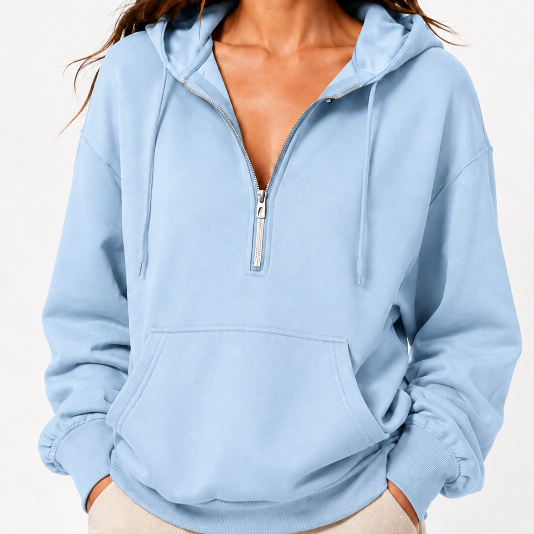 2026 Fall New Cross-Border European and American Loose Hooded Half-Zip Pocket Fall Winter Casual Sweatshirt Women's