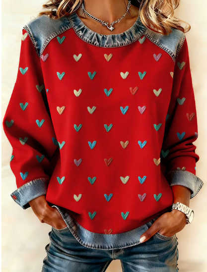 Women's Heart Polka Dot Letter Print Crewneck Sweatshirt