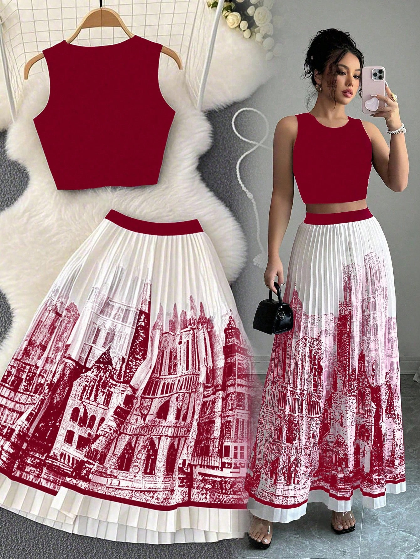 Ink Print Sleeveless Long Dress and Pleated Skirt Two-Piece Set