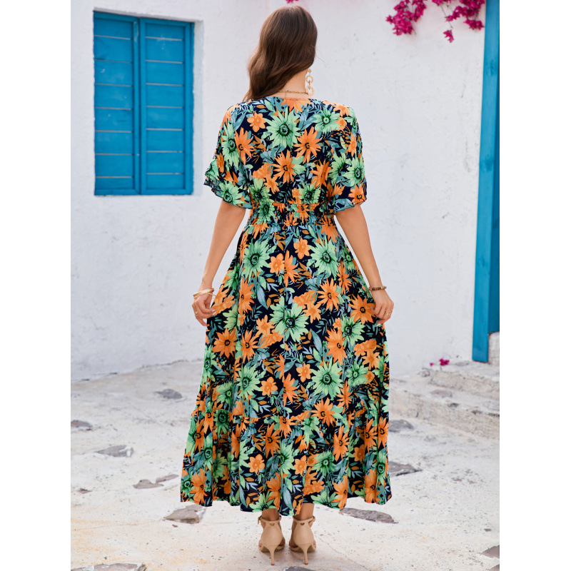 Boho Floral Print V-Neck Batwing Sleeve Ruffle Tiered Maxi Dress