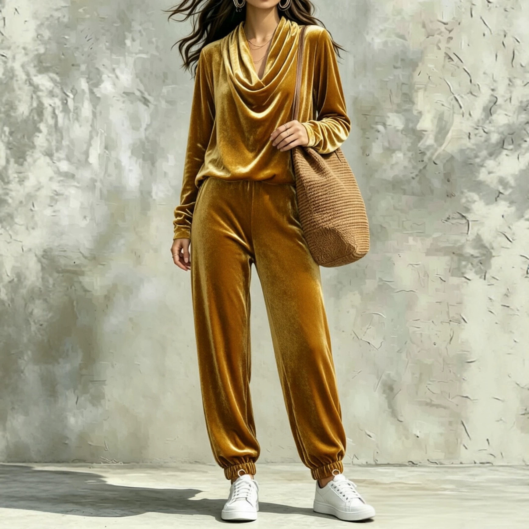 Women's Velvet Two-Piece Set with Cowl Neck Top and Jogger Pants