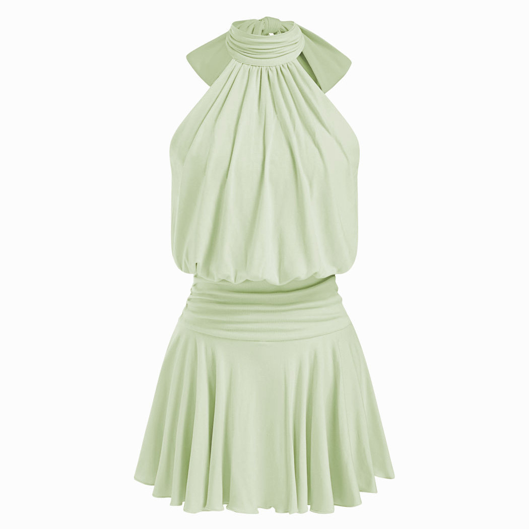 Solid Halter V-Neck Open-Back Fitted Top Puff Skirt Mini Dress