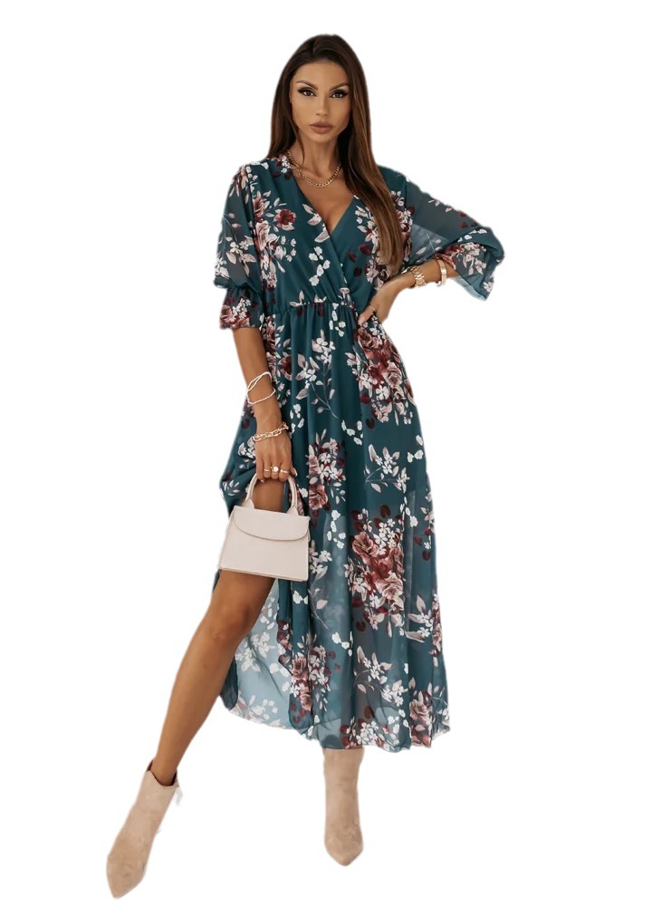 Women's V-Neck Printed Short Sleeve Midi Dress - 6 Colors