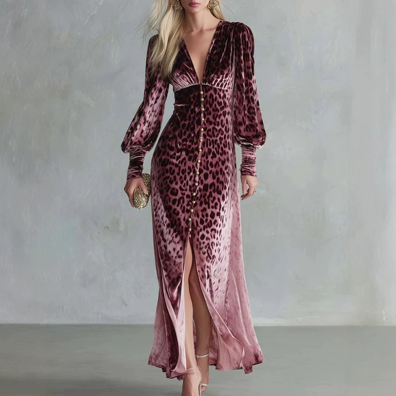 Leopard Print Velvet V-Neck Slit Long Sleeve Maxi Dress