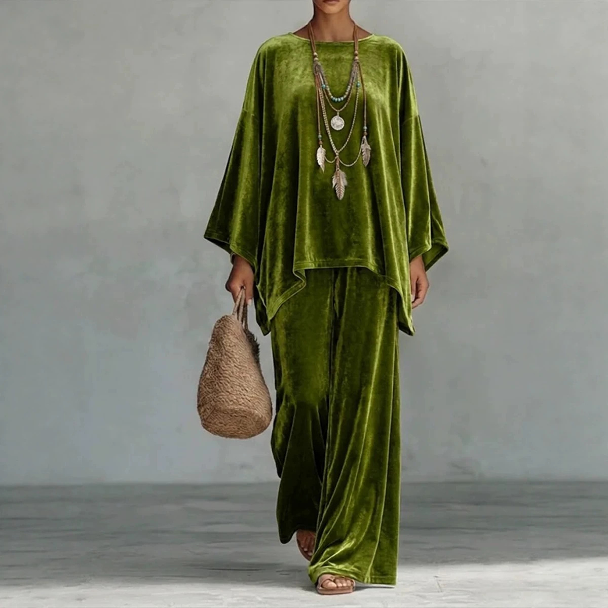 Women's Velvet Round Neck Long Sleeve Shirt and Wide Leg Pants Set