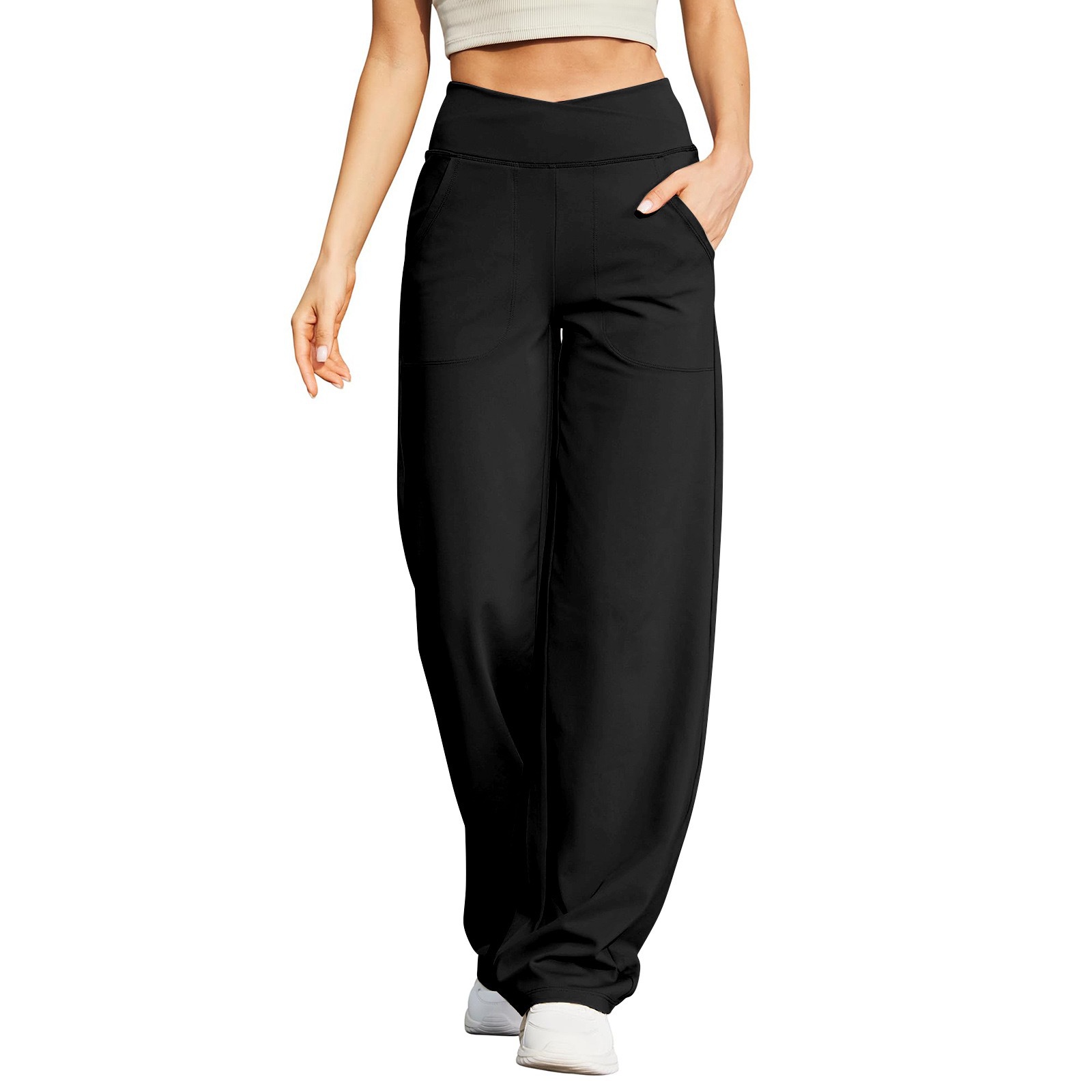 Women's V-Waist Cross Wide-Leg Yoga Pants with Pockets No Front Seam