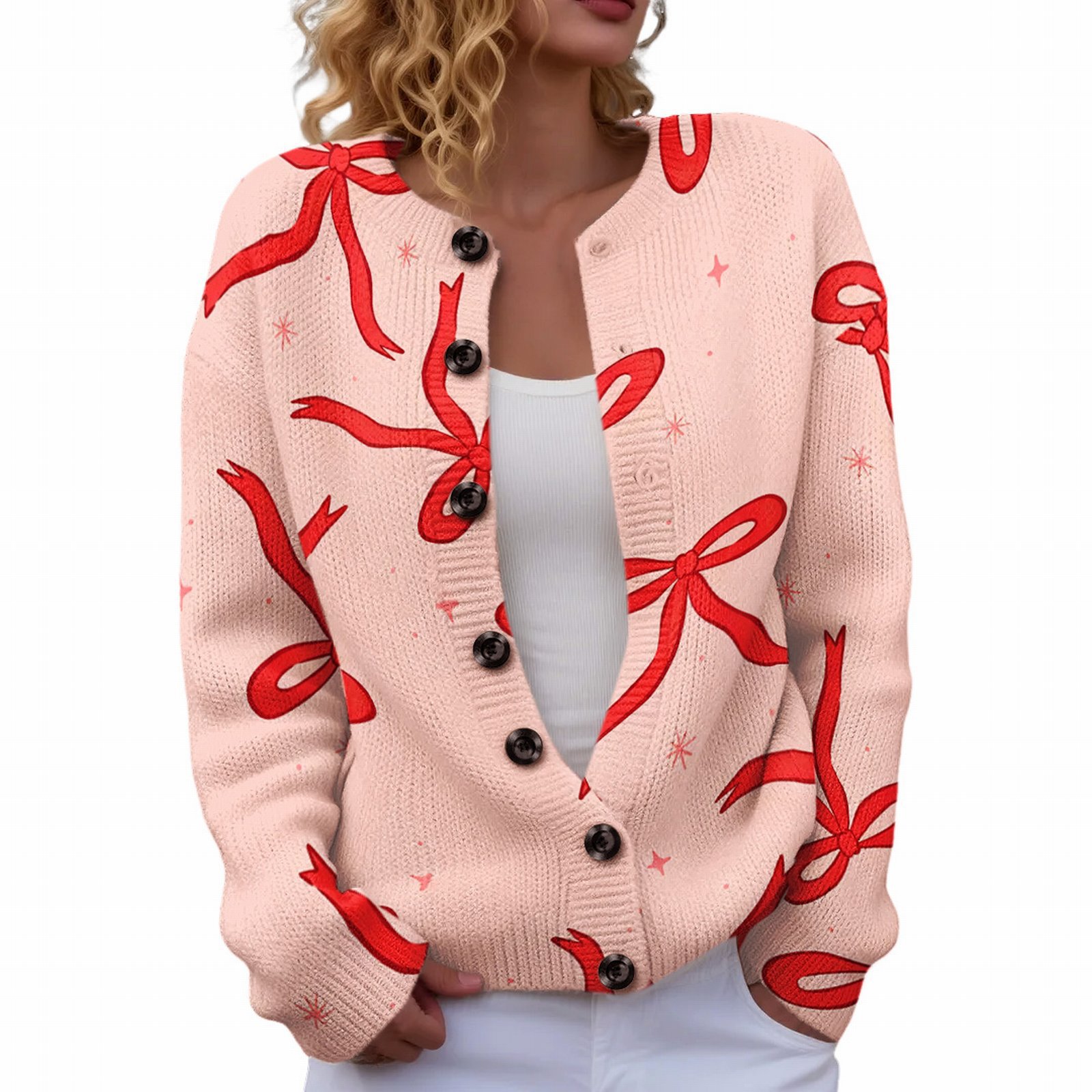 Women's Heart Ribbon Bow Cherry Print Cardigan