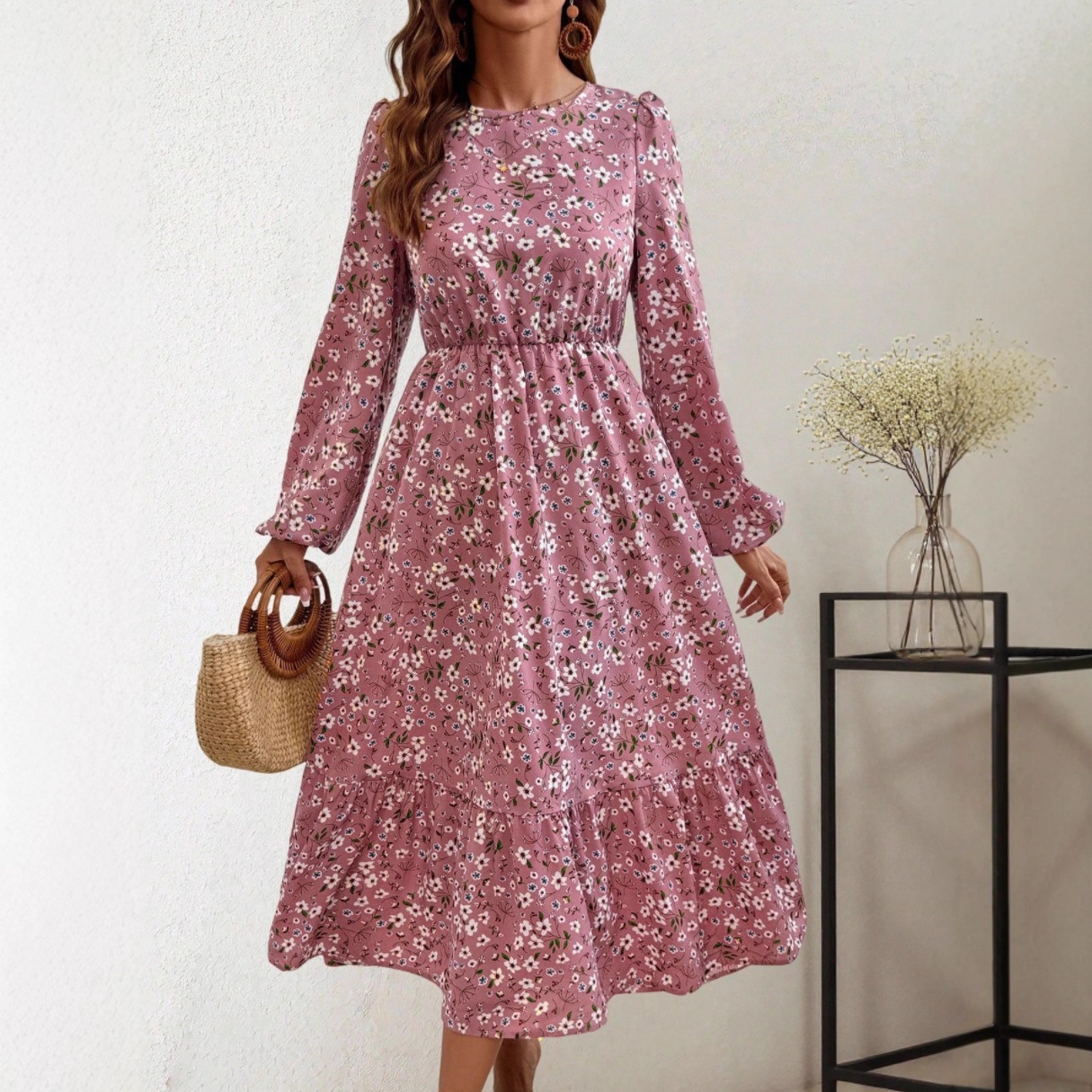 Milk Silk Long Sleeve Floral High Waist A-Line Dress