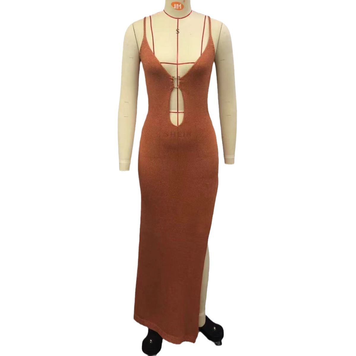 Open-Back Metal Buckle Knit Cami Dress High Waist Cutout