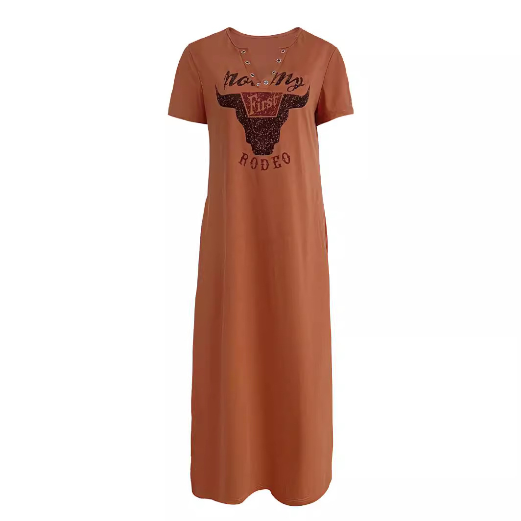 Women's Short Sleeve Round Neck Vintage Bull Head Letter Colorful Print Dress