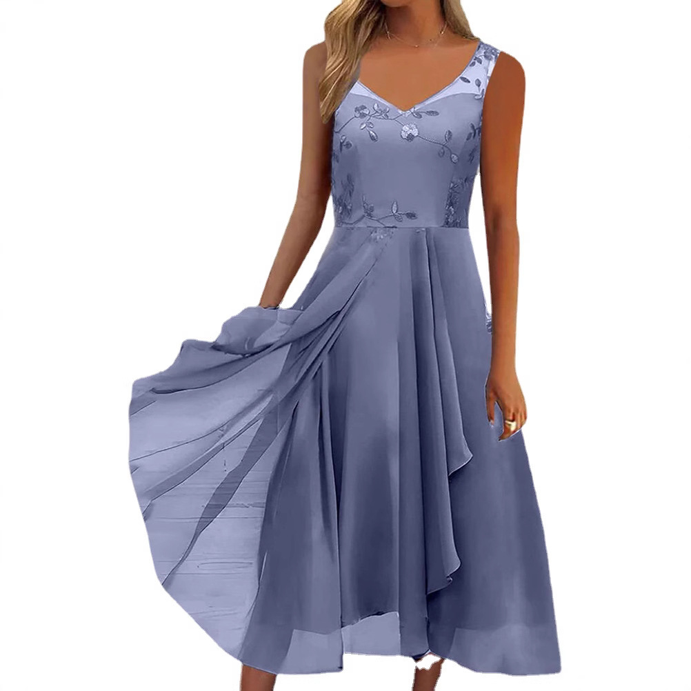 Sleeveless Chiffon Dress with Mesh Lace Panels and High-Low Hem
