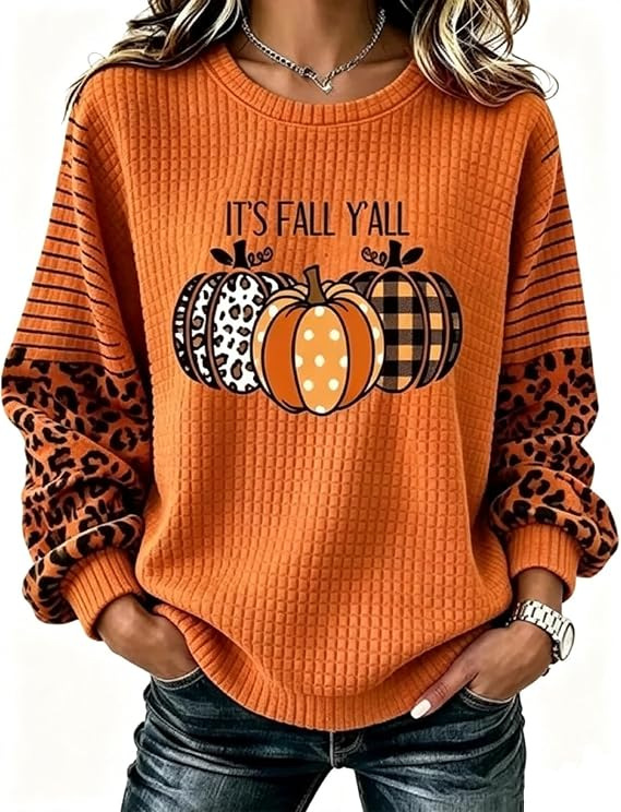 Ribbon Letter Print Crewneck Long Sleeve Waffle Sweatshirt for Women