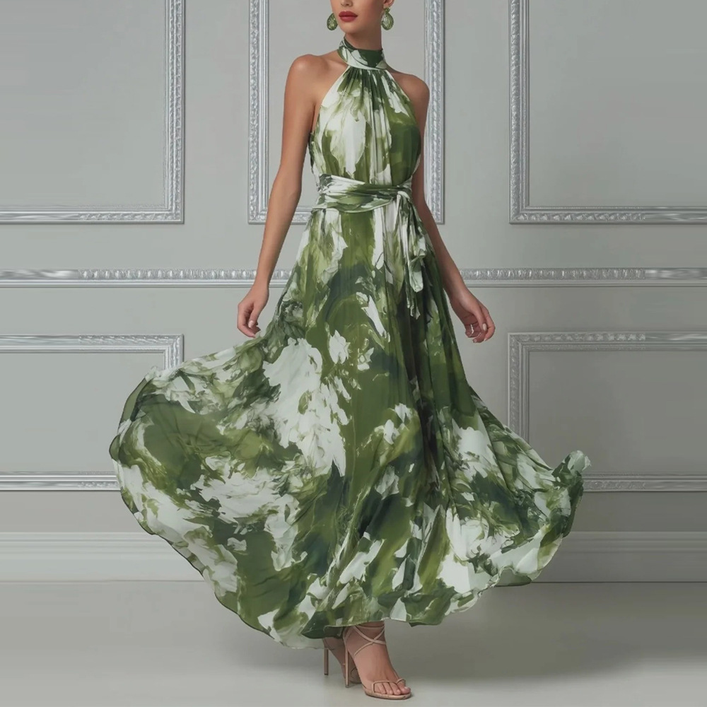 Women's Halter Neck Floral Print Off-Shoulder Maxi Dress