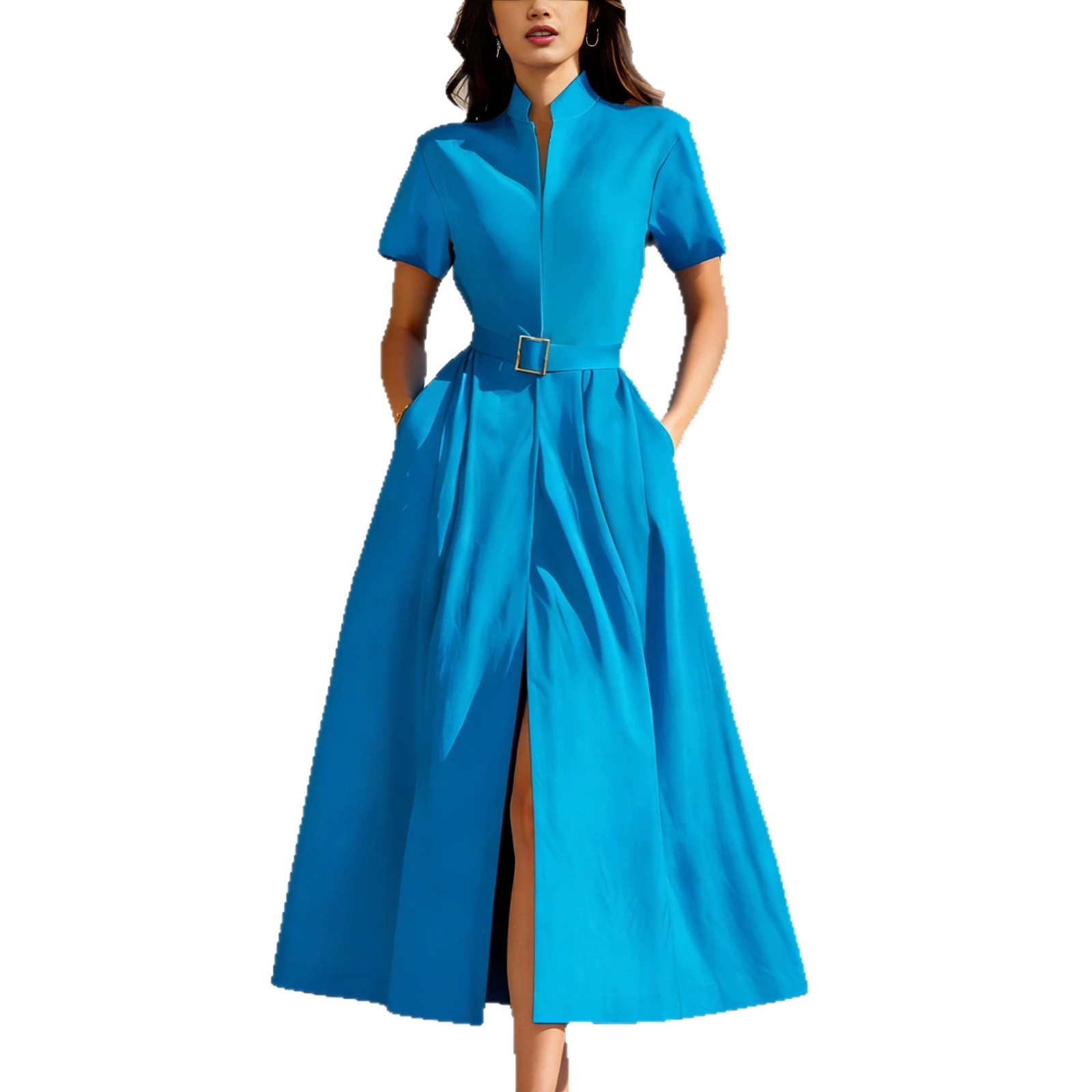 Women's Long Sleeve A-Line Dress Black Flared Hem Waist-Cinching