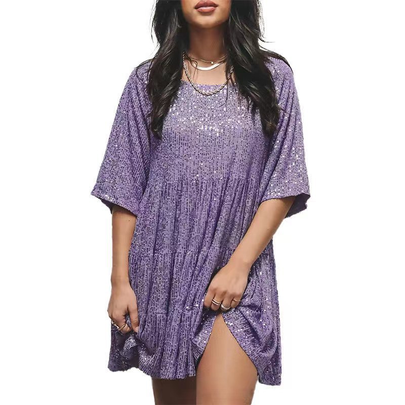 Sequin Round Neck Loose Short Sleeve Midi Dress for Parties and Evening