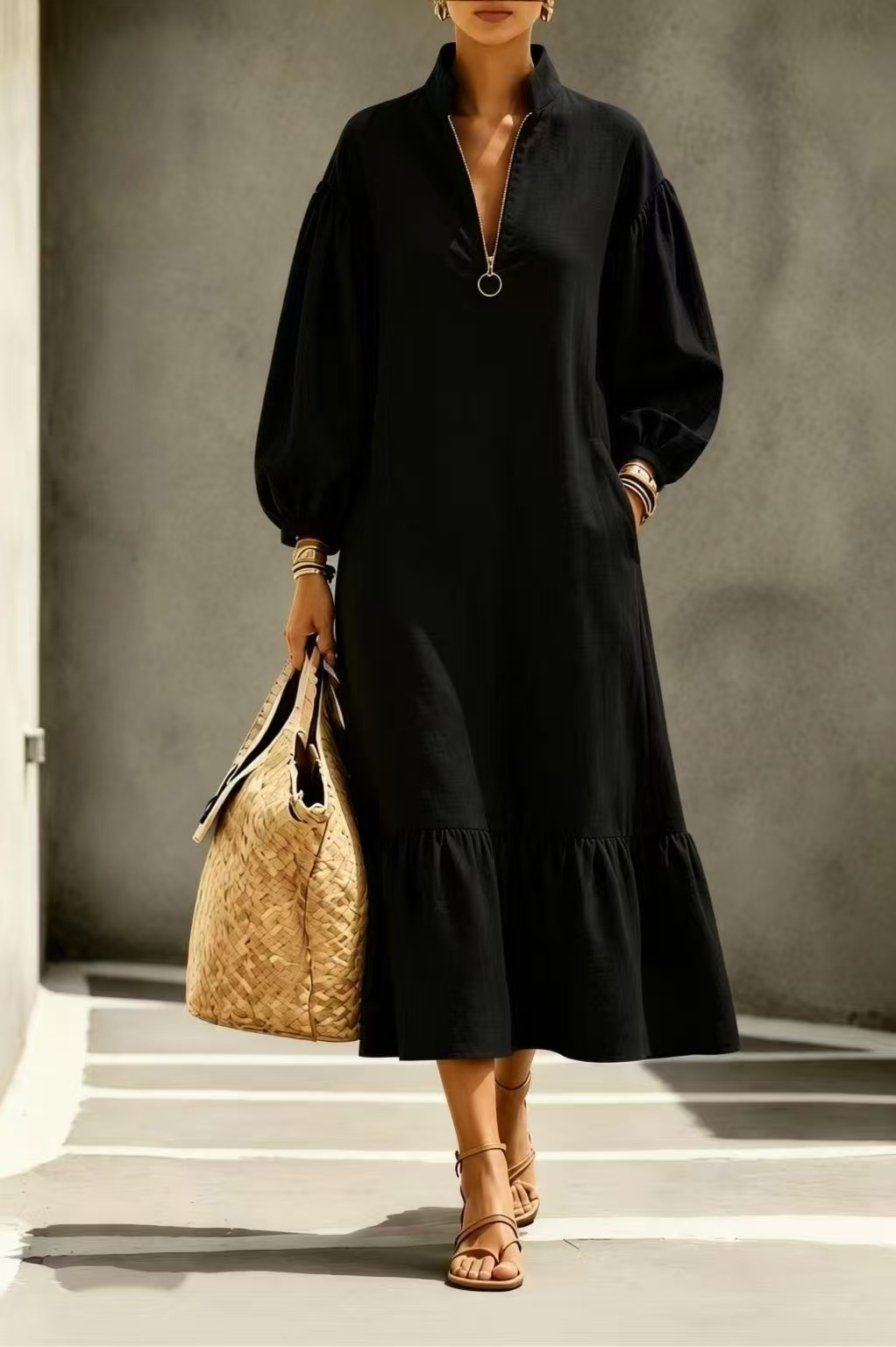 Solid Stand Collar O-Ring Zip Lantern Sleeve Dress with Pockets
