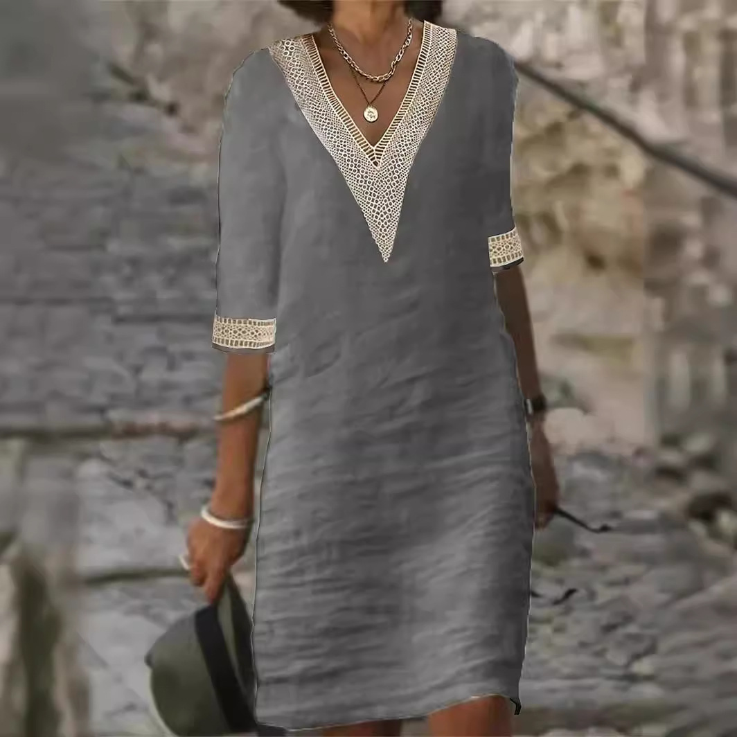 Solid V-Neck Half-Sleeve Cotton-Linen Casual Dress
