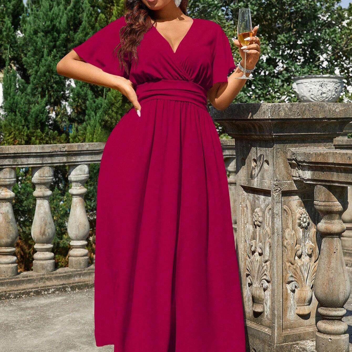 Solid V-Neck Bell Sleeve High Waist A-Line Midi Dress Plus Size