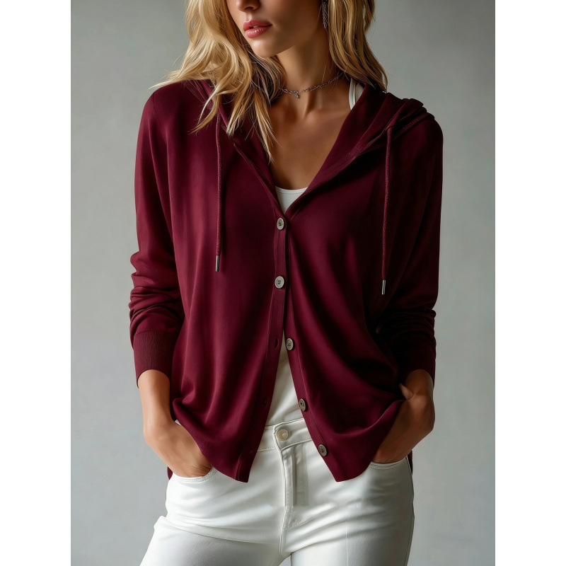 Women's Hooded Knit Cardigan Solid Color Long Sleeve Lightweight Loose Fit