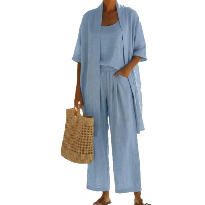 Women's Summer Breathable Linen 3-Piece Set White Cardigan Cami Wide-Leg Pants