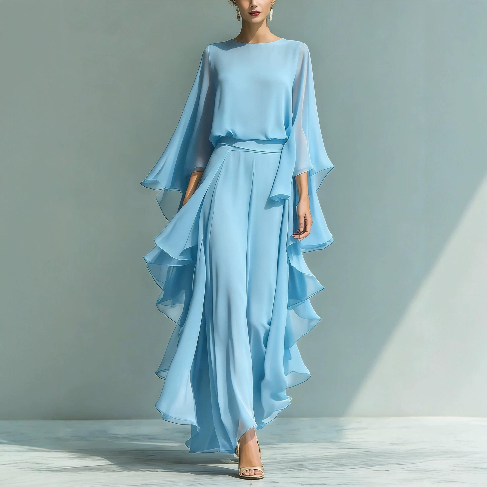 Women's Navy Chiffon Top and Straight-Leg Pants Set with Ruffle Detail