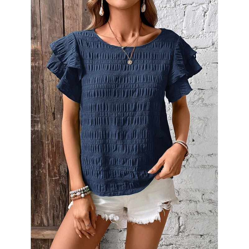 Women's Summer Double Ruffle Sleeve Round Neck Pullover T-Shirt