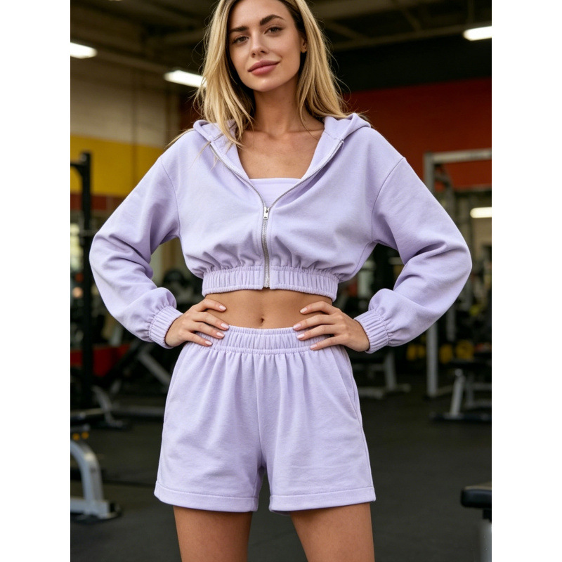 Women's American-Style Hooded Zip-Up Sweatshirt & Tube Top Shorts Set