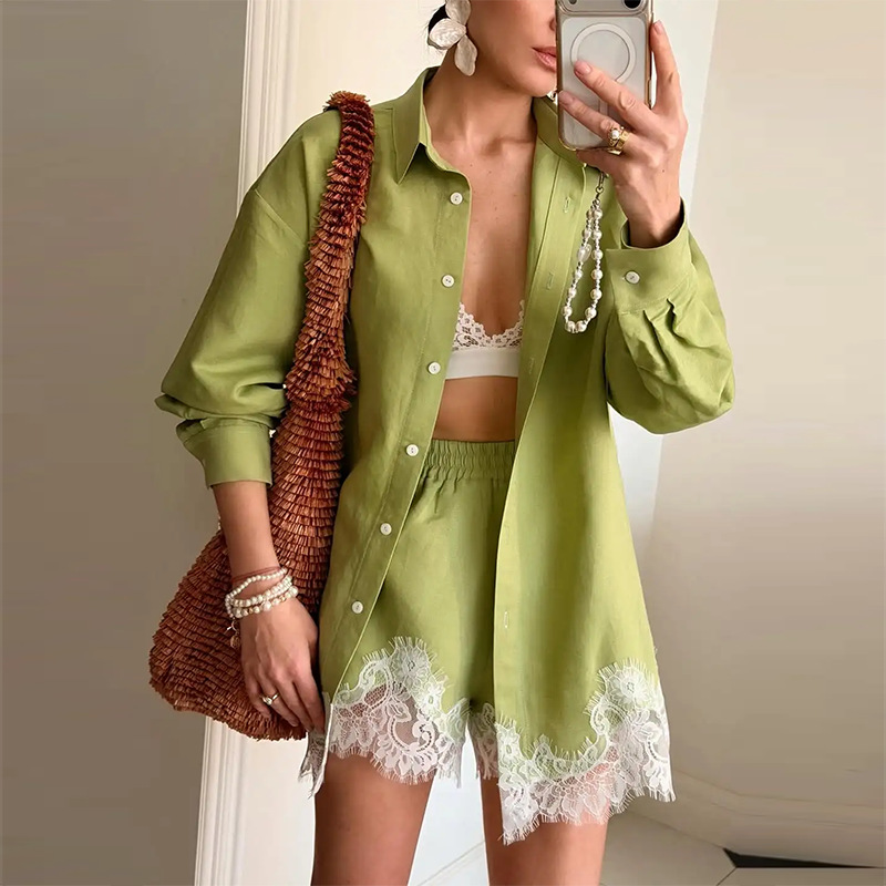 Women's Casual Solid Lace Spliced Shorts Set Long Sleeve Cardigan Two-Piece