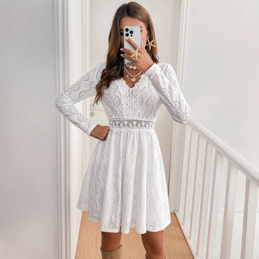 Elegant Solid Lace Patchwork Mini Dress with Scalloped Hem